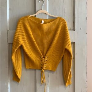 Mustard Sweater with Lace Up Front Detail